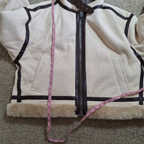 American Eagle Corduroy Aviator Jacket Sherpa Lined Cream Brown Trim Size L - Picture 8 of 9